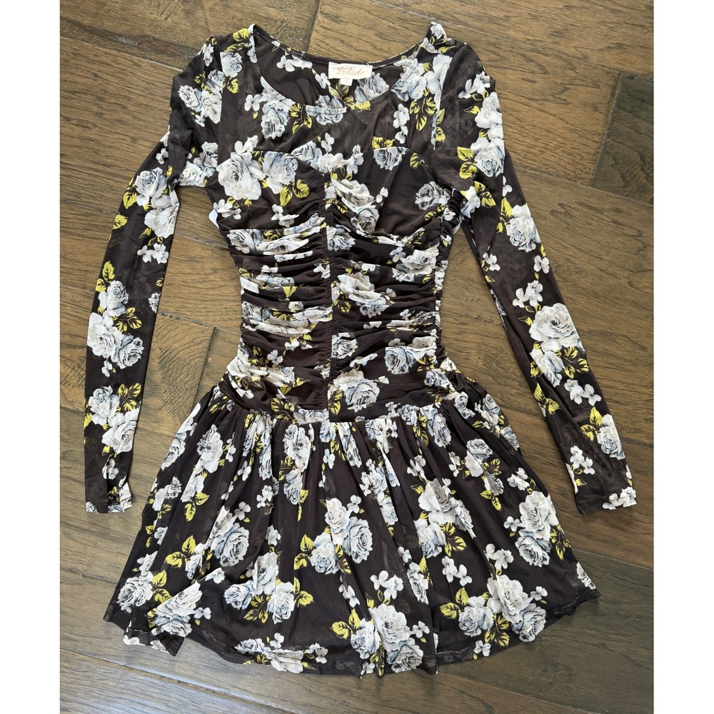 Listicle Floral Mesh Ruched Mini Dress Long Sleeve Black‎ Blue Rose Print S
